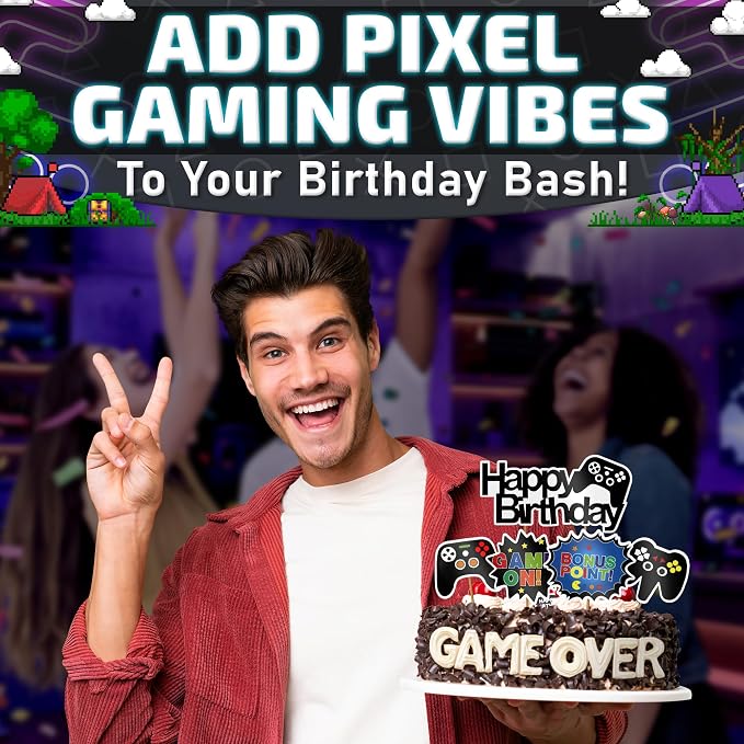 13 Pcs Gamer Cake Topper - Sturdy Cardboard Gamer Cake Decorations with Detailed Gamepads, Video Game Cake Topper Easy & Firm Installation Sticks - Splashy Video Game Decorations for Boys & Girls
