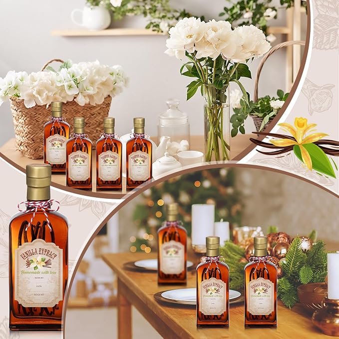 Suclain 8 Pack 8.5 oz Amber Glass Bottle for Vanilla Extract Homemade, Brown Vanilla Extract Bottles with Airtight Lid and Stickers for Syrup Gift Food Storage Canister Christmas Small Gift(Gold)