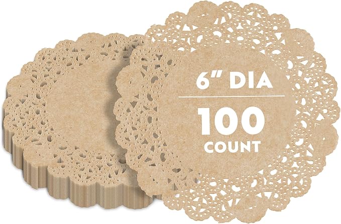 Pastry Tek 6 x 6 Inch Paper Lace Doilies, 100 Disposable Table Doilies - Elegant Lace Finish, Long Lasting, Kraft Paper Doily, for Pastries, Cupcakes, Desserts - Restaurantware