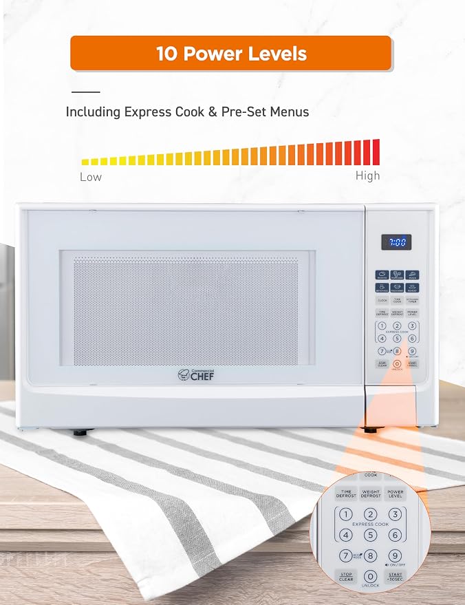 COMMERCIAL CHEF 1.4 Cubic Foot Microwave with 10 Power Levels, Small Microwave with Push Button, 1100 Watt Microwave with Digital Control Panels, Countertop Microwave with Timer, White