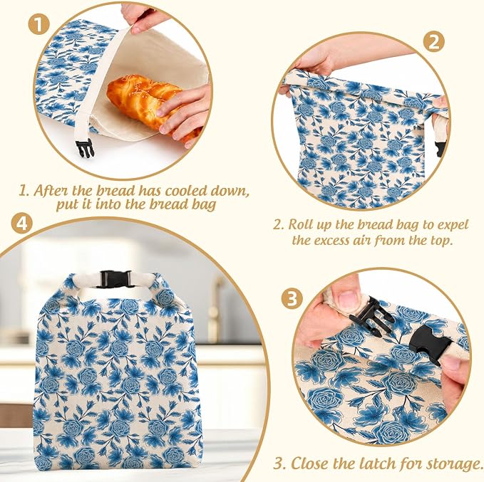 2 Pack Beeswax Bread Bag for Sourdough Homemade Bread, Blue Floral Decor Bags, Reusable Linen, Natural Beeswax Bread Storage Bag, Food Storage Cloth Bag with Buckle 13 * 17IN