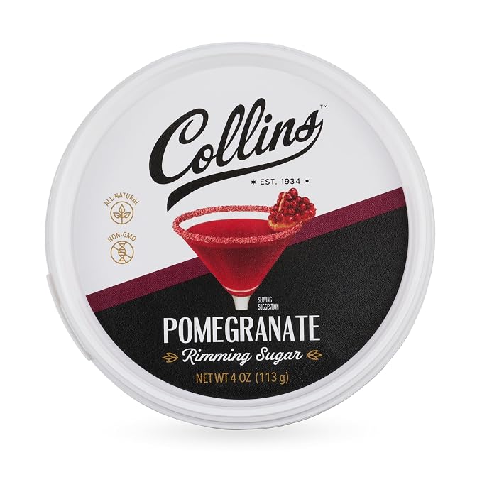 Collins Pomegranate Rimming Sugar, Bright & Tangy Cocktail Sugar Rim with Vibrant Ruby Hue, Grenadine Flavored Garnish for Martinis, Margaritas, Cosmos & Mocktails, 4 oz