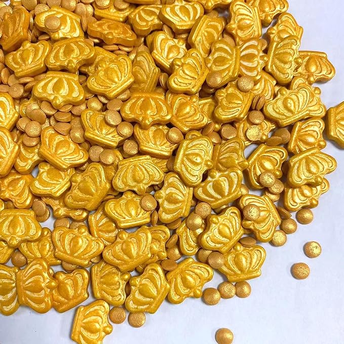 PhilaeEC King Gold Crown Sprinkles Mardi Gras Cake Decoration Gold Round Coffite Mix Candy Edible Cookie Cupcake Toppers Valentines Halloween Christmas Supplies