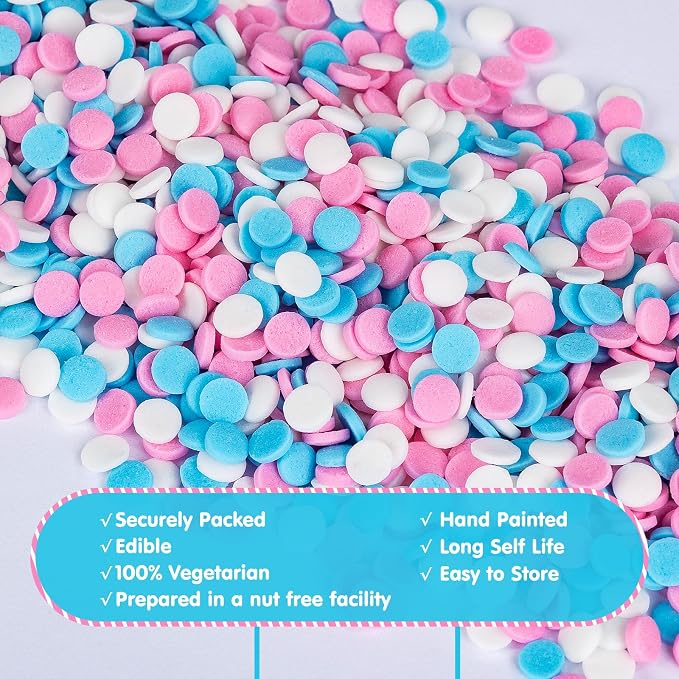 Edible Pastel Sprinkles for Cake Decorating,Pink Blue White Round Confetti,Gender Reveal Sprinkle,Princess Sugar Sprinkle Circular Candy for Cake Baking,Cupcake Cookie Donut Desserts Decorations, Baby Shower Birthday Party Supplies