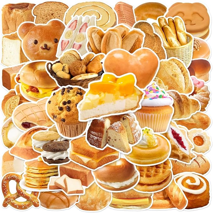 Delicious Bread Stickers 50PCS Vintage Food Stickers Waterproof Vinyl Aesthetic Decals for Scrapbook, Water Bottles, Laptops, Cup, Scrapbook, Diary, Perfect for Kids Teens Foodies Bakers