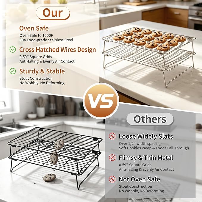2-Tier Cooling Rack for Baking, 304 Stainless Steel Stackable Wire Baking Rack, Oven & Dishwasher Safe, Fits Half Sheet Pan for Roasting, Bacon, Cooling & Air Fryer Cooking, 13.4"x9.4"