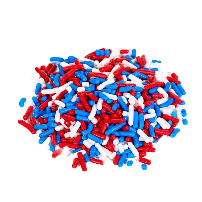 Bakerpan Artificial Dye-Free Patriotic Jimmies Sprinkles 5.5 oz - Naturally Colored Red White & Blue for 4th of July Cake Decorating & Cookies | Kosher, Gluten-Free