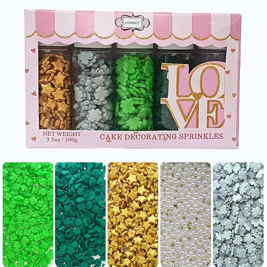 Confect St. Patricks Green & Silver Flower Sprinkles | White Pearl, Gold Star Edible Sprinkles for Baking & Cake Decorative | Edible Sprinkles mix pack of 5 | Dairy-Free, Palm Oil-Free - 5 Oz