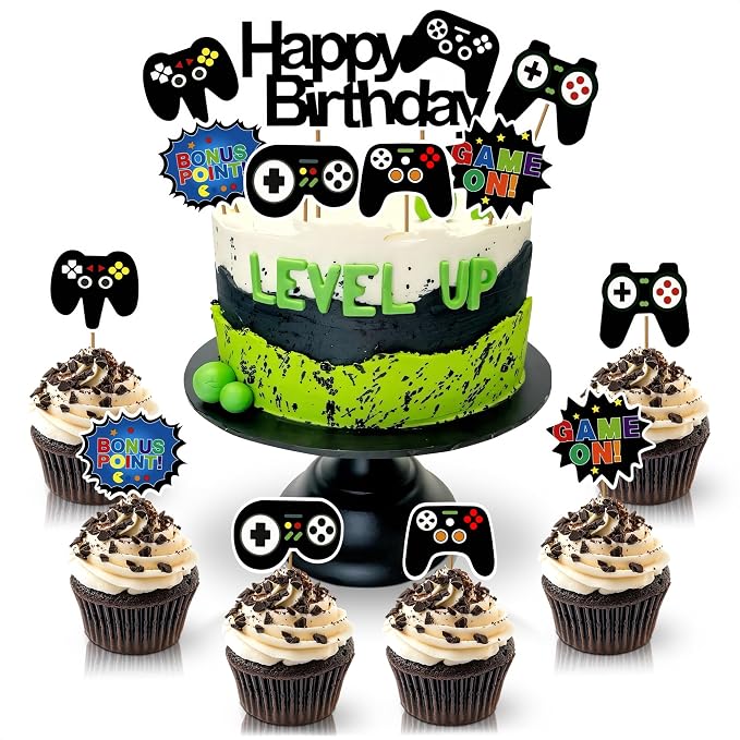 13 Pcs Gamer Cake Topper - Sturdy Cardboard Gamer Cake Decorations with Detailed Gamepads, Video Game Cake Topper Easy & Firm Installation Sticks - Splashy Video Game Decorations for Boys & Girls