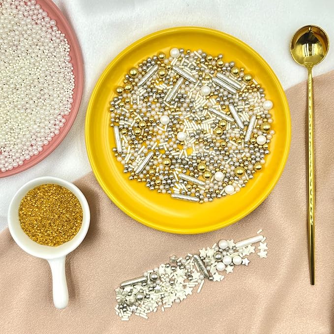 Sprinkles for Cake Decorating, Gold Sanding White Pearl Silver Jimmies Sprinkles Mix for Ice Cream Brownie Cookie Cupcake Baking Decorations