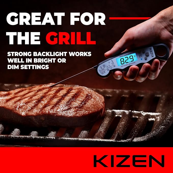 KIZEN Instant Read Meat Thermometer Digital - Food Thermometer for Cooking, Grill, Oven, BBQ - IP67 Rated Waterproof - Large Backlit Display and Magnetic Back