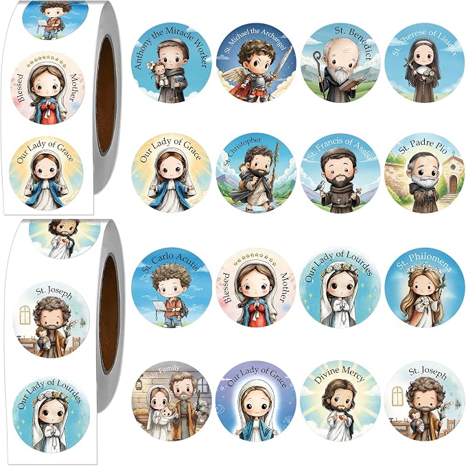 Christian Religious Stickers Roll - 1000 Pcs Catholic Saints Stickers, Cartoon Bible Jesus Sticker for Scrapbook Journal Envelope Card, Church Sunday School Easter Party Favor Supplies