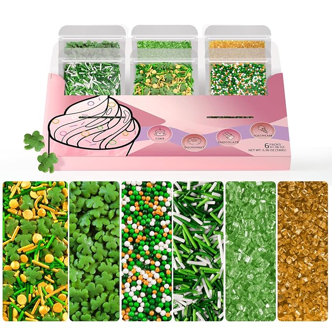 HUEBEATY 6-in-1 St. Patrick’s Day Sprinkles for Cake Decorating – 180g Green & Gold Shamrock Sprinkles Mix with Nonpareils, Jimmies & Sanding Sugar – Edible Green Sprinkles for Cupcakes, Cookies & Spring Desserts