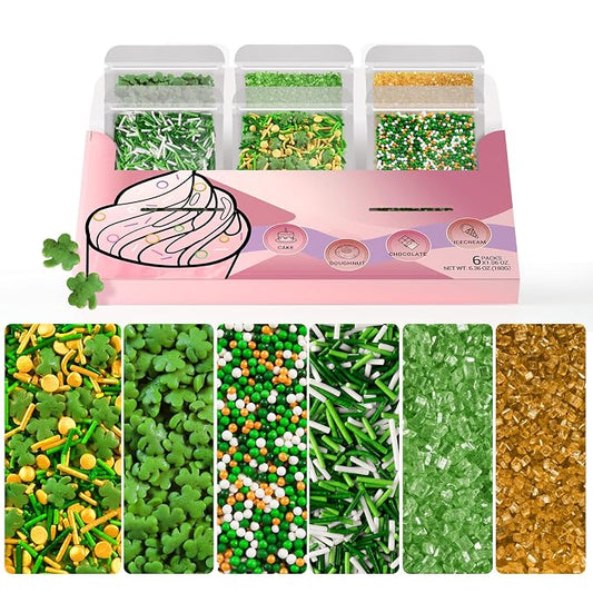 HUEBEATY 6-in-1 St. Patrick’s Day Sprinkles for Cake Decorating – 180g Green & Gold Shamrock Sprinkles Mix with Nonpareils, Jimmies & Sanding Sugar – Edible Green Sprinkles for Cupcakes, Cookies & Spring Desserts