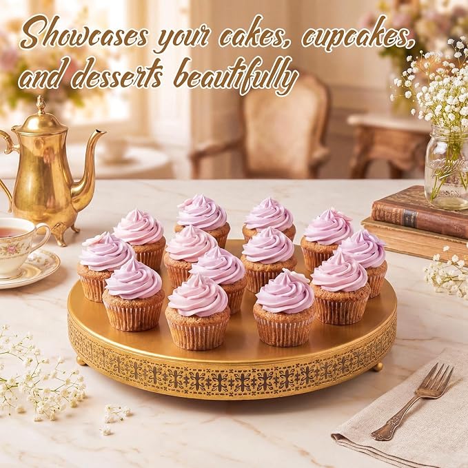 Wenqik Gold Cake Stand 20 Inch Metal Round Cupcake Dessert Wedding Cake Stand with Cutting & Spatula Cookies Display Holder Fruit Serving Tray for Table Wedding Birthday Anniversary Party