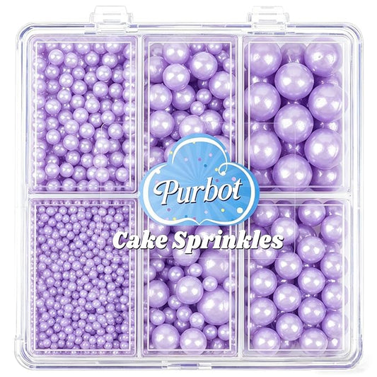Lavender Purple Pearl Sprinkles for Cake Decorating, 4 Sizes Sugar 130g/4.6oz, Cupcake, Ice Cream, Donuts, Macaron Toppings Supplies (2mm, 4mm, 7mm, 1cm)