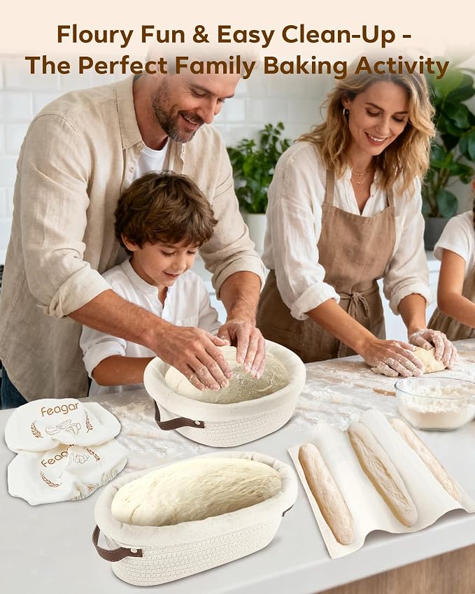 Feagar Bread Proofing Basket Set: XL 11.5” Banneton Holds 1000g Dough, Includes Multi-Purpose Proofing Cloth for Baguettes, Round Loaf & Sourdough Bread Baking Supplies | 2-Pack with Liners & Covers
