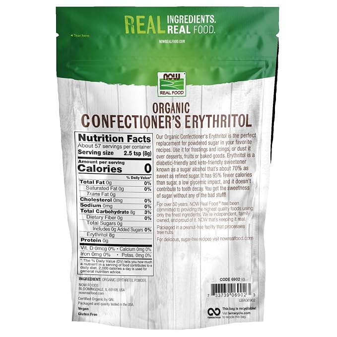 NOW Foods, Organic Confectioner's Erythritol Powder, Replacement for Powdered Sugar, Zero Calories, 1-Pound (Packaging May Vary) (Pack of 2)