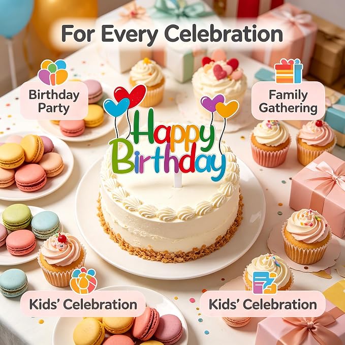 Acrylic Happy Birthday Cake Topper Durable Reusable Perfect for Birthday Cakes, Cupcakes, Dessert Tables Ideal for Kids Adults Birthday Celebrants (Colorful)