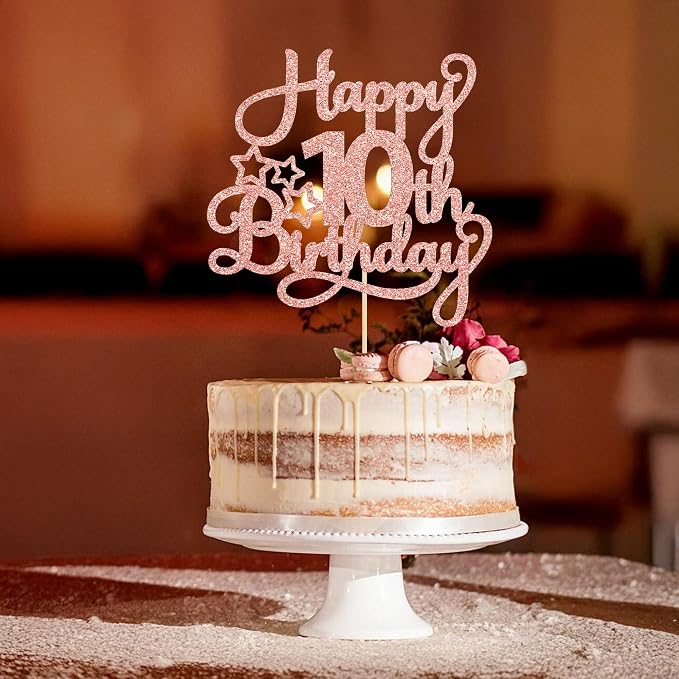1 Pack Happy 10th Birthday Cake Topper Glitter Heart Star 10 Fabulous Cake Pick Birthday Sign Cake Decorations for Children 10th Birthday Theme Party Supplies Rose Gold
