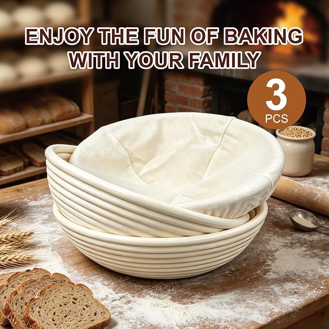 3 Pack Banneton Bread Proofing Basket, 9 Inch Round Sourdough Proofing Basket with Thick Liner, Splinter Free Food Grade Rattan Handwoven Bread Banneton for Home Baking