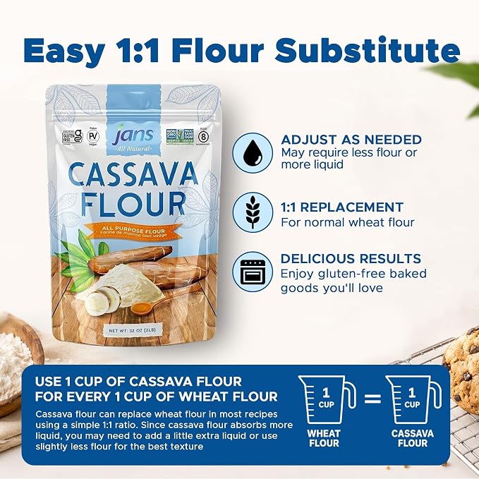 Jans Cassava Flour, 2 lb – Gluten Free All Purpose Flour Substitute, Non-GMO Grain Free Baking Flour, Paleo & AIP Friendly, Vegan Yuca Root Flour for Bread, Tortillas, Pancakes & Baking