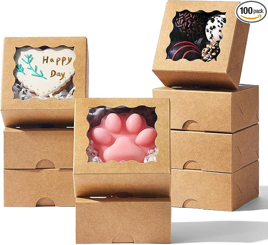 3.2x3.2x1.5 Inches 100PCS Chocolate Truffle Boxes Mini Bakery Boxes with Window for Cookies,Soap,Donut, Macaron,Brownie(Brown)