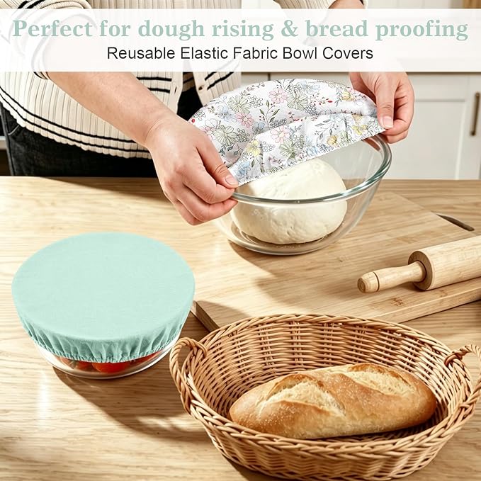 Reusable Bowl Covers for Bread Proofing 3pcs,Cotton Linen Sourdough | Breathable,Fabric,Shower Caps,Sourdough Bread,Accessories,Supplies,Food Lids,Fruit Storage,7"-14",Floral,Checkered,Sage Green