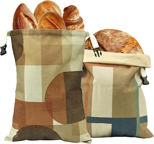 2 Pack Beeswax Bread Bags for Homemade Bread and Sourdough, XL 17x13in Reusable Cotton Storage Bags, Shadow Blocks & Windowpane Grid, Double-Layer Design with Beeswax Lining for Kitchen | Keeps loaves soft