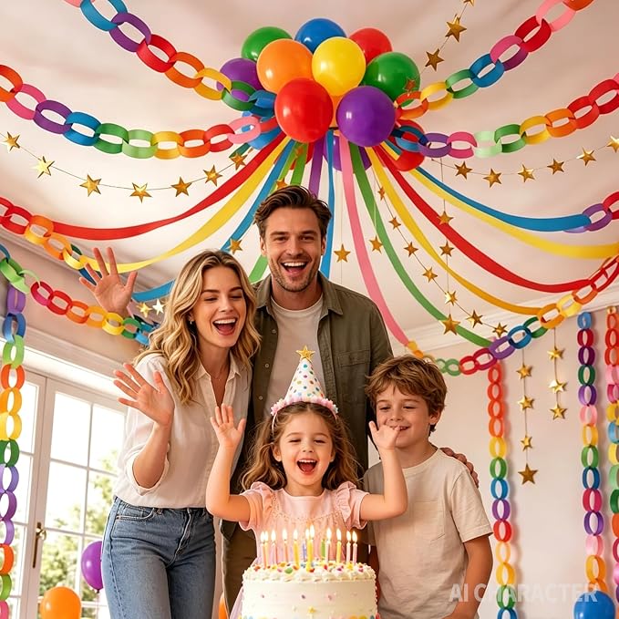 1000 Sheet Paper Chain Garland Strips Set with 10 Rolls Crepe Paper Streamers & 52.8ft Gold Star Garland,DIY Construction Paper Chain Kit for Birthday, Wedding, Classroom, Party Decorations (Rainbow)