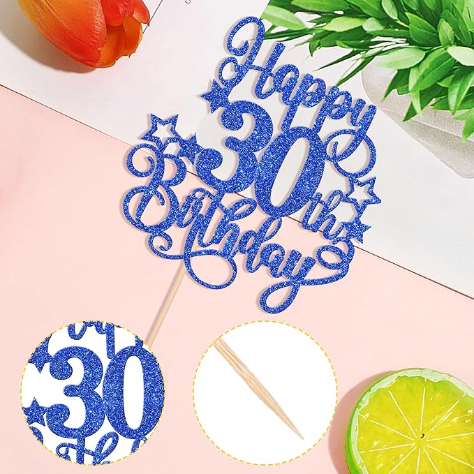 1 PCS Happy 30th Birthday Cake Topper Glitter Cheers to 30 Years Birthday Cake Pick Hello 30 Fabulous Cake Decoration for Happy 30th Birthday Anniversary Party Decorations Supplies Blue