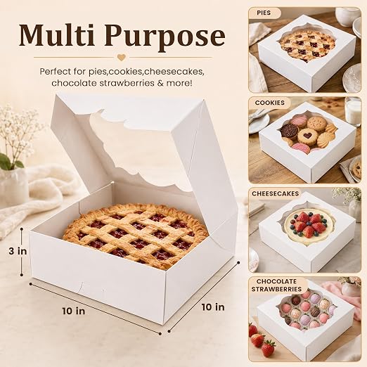 NPLUX 20 Pack Pie Boxes 10x10x3inch Bakery Boxes with Window Dessert Pastry Box for Pies,Cheesecakes and Chocolate Covered Strawberries, Graduation Gifts Party Favors(White)