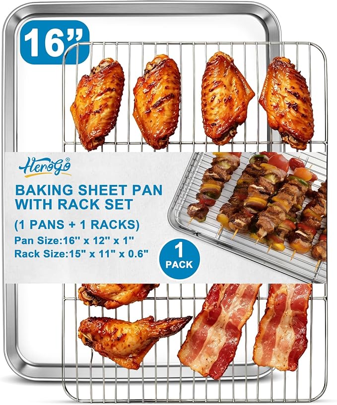 Herogo Baking Sheet with Wire Rack Set(1 Pans + 1 Racks), 16" x 12" x 1" Stainless Steel Jelly Roll Pan with Cooling Rack Set for Baking & Roasting, Non Toxic & Easy Clean