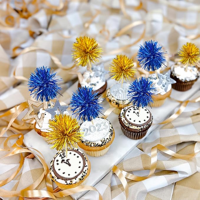 Gyufise 30Pcs Foil Firework Cupcake Toppers Sparkle Tinsel Cake Toppers Tinsel Drink Cake Decoration Cocktail Picks for Birthday Wedding Graduation Party Supplies Gold Dark Blue