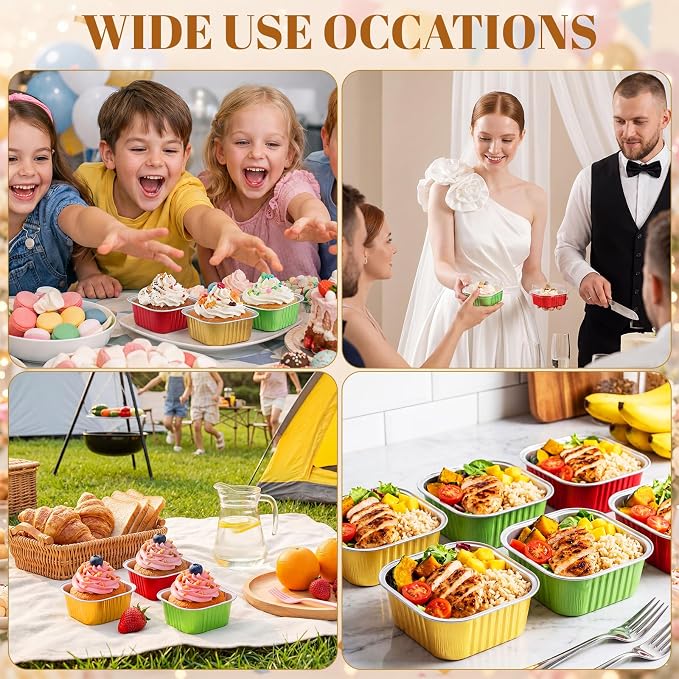 200 Pack Christmas Mini Cake Pans with Lid, 5 oz Red Green Gold Aluminum Foil Mini Baking Tins, Square Disposable Cupcake Baking Cup Dessert Container for Xmas Holiday Party Favor Supplies