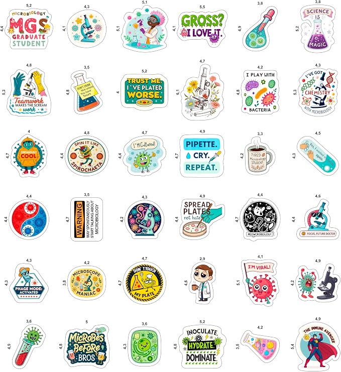100Pcs Funny Microbiology Vinyl Stickers for Water Bottle, Laptop -Nerd Biology Stickers - Microbiology Gifts, Party Supplies - Gift for Women & Men