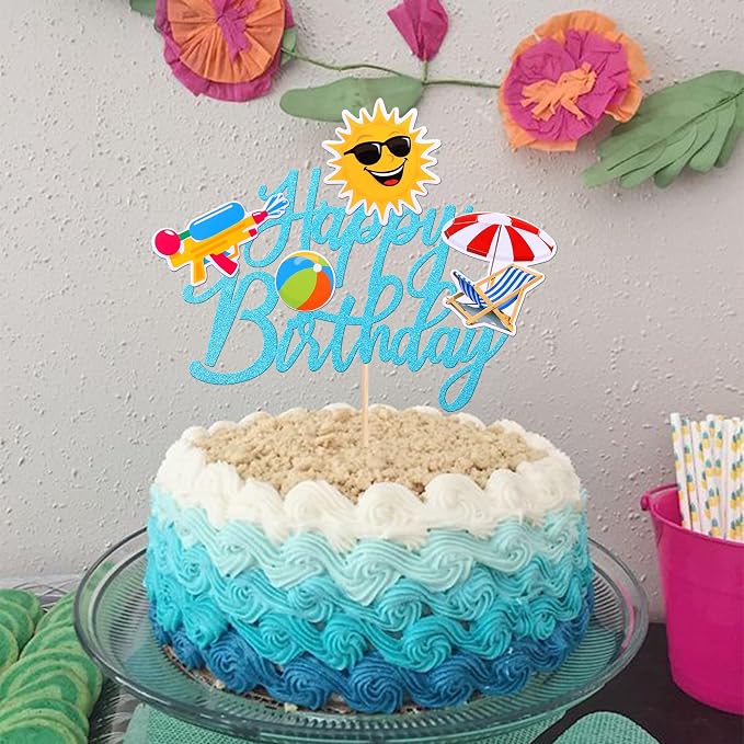 1 PCS Summer Beach Happy Birthday Cake Topper Glitter Ball Sun Umbrella Water Gun Pool Cake Pick for Hawaiian Holiday Baby Shower Birthday Party Cake Decorations Supplies Blue