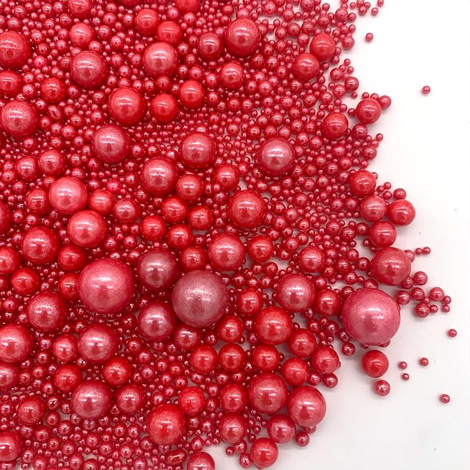 Weraru Edible Red Pearl Sugar Sprinkles Candy Mixing Size Baking Edible Cake Decorations Cupcake Toppers Cookie Decorating Celebrations Wedding Shower Party Chirstmas Supplies 130g/ 4.58oz