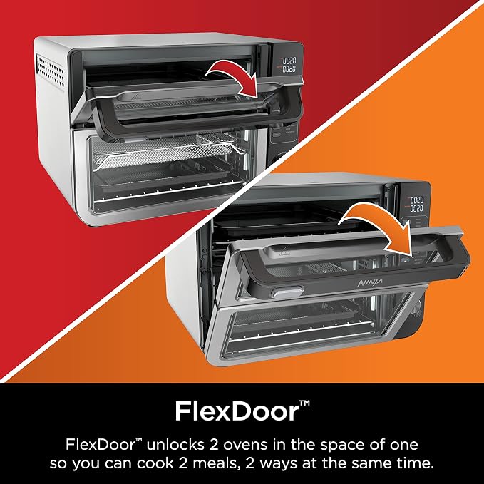 Ninja DCT401 12-in-1 Double Oven with FlexDoor, FlavorSeal & Smart Finish, Rapid Top Convection and Air Fry Bottom, Bake, Roast, Toast, Air Fry, Pizza and More, Stainless Steel (Renewed)