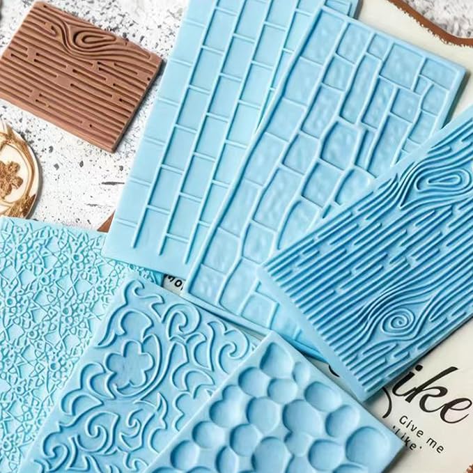 6 Pack Fondant Impression Mat Set Cake Decor Mold Set-Embossed Tree Bark/Flower/Cobblestone Texture Design Sugarcraft Decor Tool for Chocolate Cupcake Topper Wedding Cake(Blue)