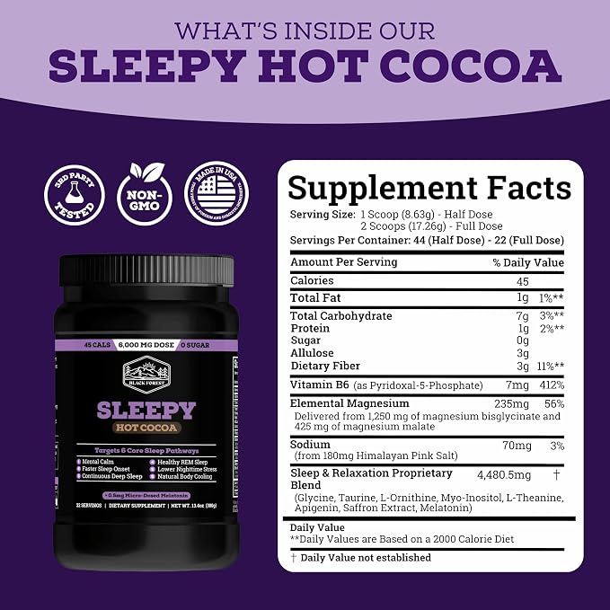 Black Forest Sleepy Hot Cocoa - Magnesium Hot Chocolate Sleepy Cocoa Sleep Powder for Adults with Melatonin & L-Theanine - Natural Sleep Drink Mix for Deep Sleep & Relaxation, Sleep Powder 22 Servings