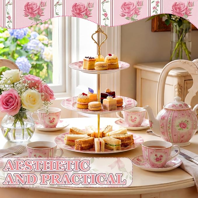 Lallisa 3 Tier Tea Party Cake Stand 10", 9" and 7" Ceramic Shabby Floral Dessert Stand with Metal Rack Coquette Cupcake Tower for Wedding Bridal Shower Baby Shower Decoration