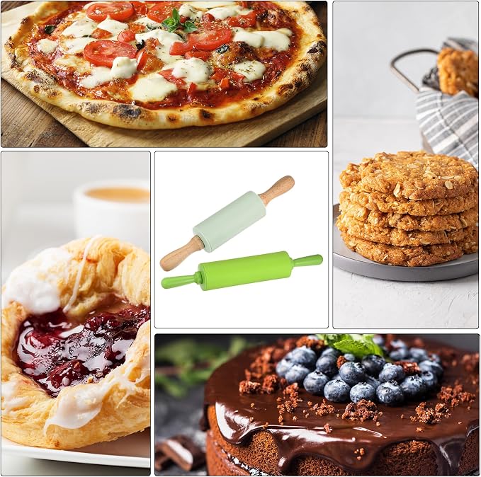 HARFINGTON Silicone Rolling Pins for Baking 15 Inch Wooden Handle Non Stick Rolling Pin Small Roller Playdough Rolling Pins for Dough Pizza Pastry Fondant Kitchen, Dark Green