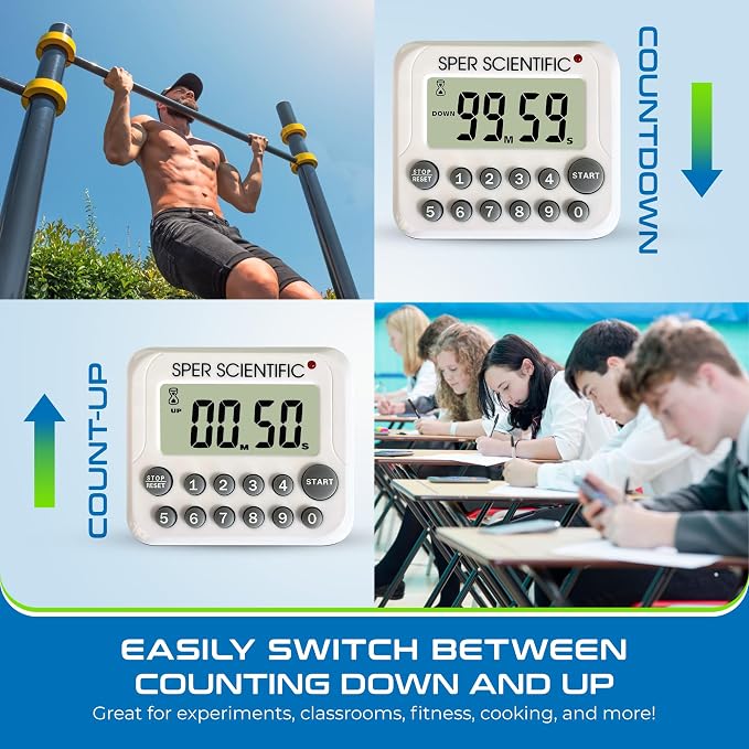 Sper Scientific Digital Count Up/Down Timer with Audible & Visual Alarm 810003 – Timer with Large Display, Loud Alarm & Up to 99 Minute Countdown - for Labs, Cooking, Workouts, Classroom & more - 2 pc