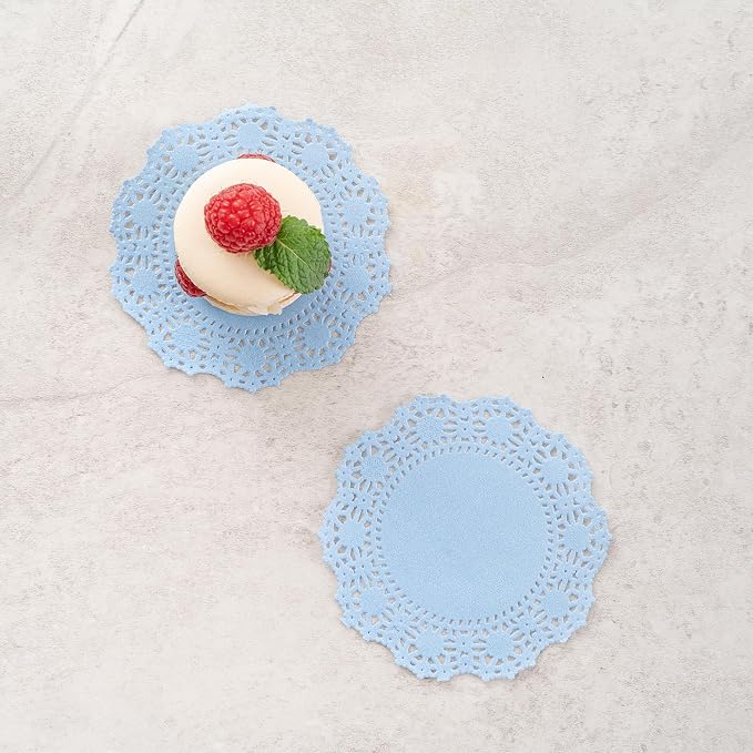 Pastry Tek 4 x 4 Inch Paper Lace Doilies, 4000 Disposable Table Doilies - Elegant Lace Finish, Long Lasting, SkyBlue Paper Doily, for Pastries, Cupcakes, Desserts - Restaurantware