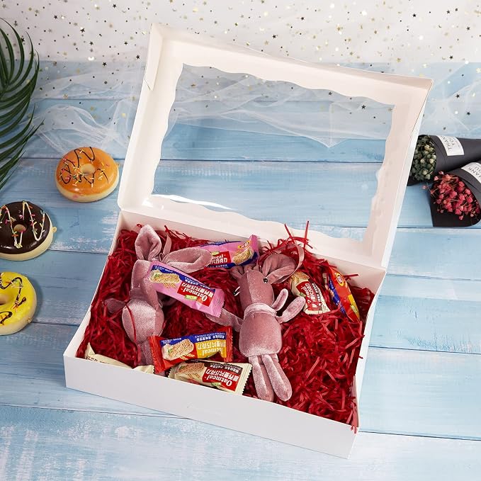 ONE MORE 15-Pack White Bakery Box12x8x2.5inch,Large Pastry Cookie Box for Donuts,Muffins with Window Lid - Auto-Pop up Paper Box Doughnut Chocolate Strawberries Treat Boxes,Pack of 15