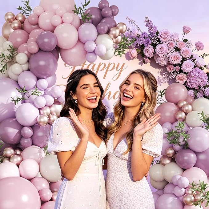 Pink and Purple Balloon Arch Kit, 128Pcs Dusty Pastel Macaron Purple Pink Sand White Gold Pink Lavender Balloons for Baby Shower Wedding Bridal Shower Birthday Party Decorations
