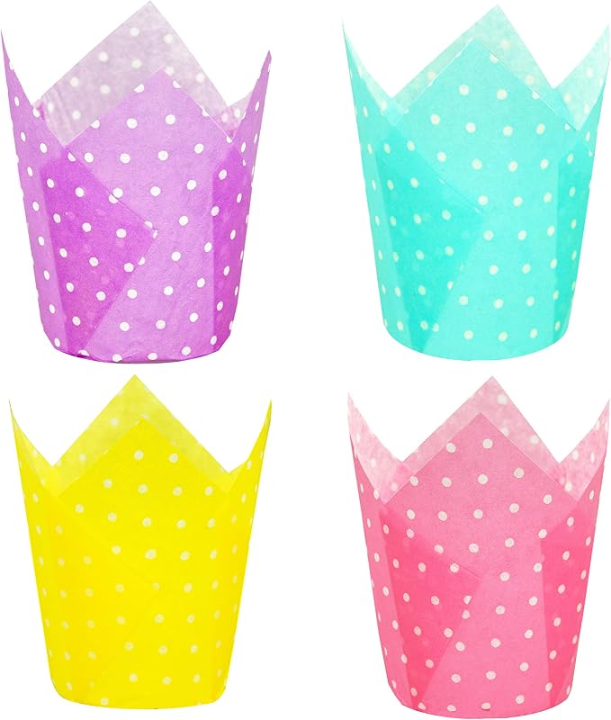 QLSmypkg Large Muffin Greaseproof paper Baking cupcake cups, 2-1/4" x 4" Blue,Yellow,Pink,Purple printed with Polka Dot(each colour about 32 pcs, total 125 pcs) Tulip Baking Cup(Large) (125, Multi)