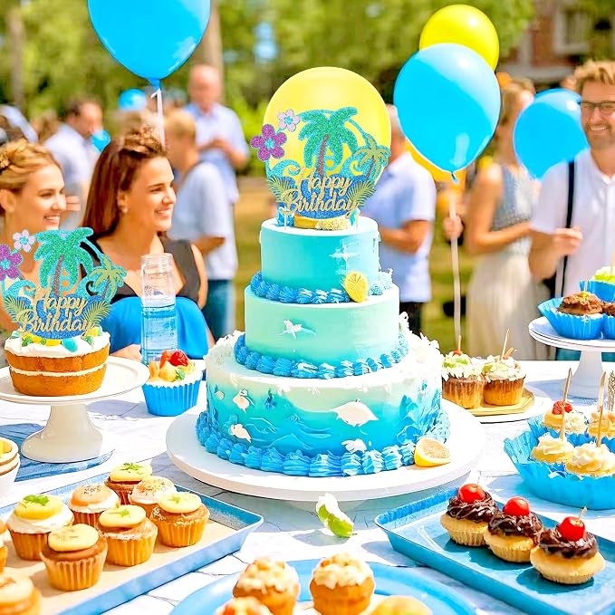 Wootkey Glitter Hawaii Happy Birthday Cake Topper Palm Tree Summer Flower Ocean Hawaiian Cake Decorations Luau Theme Party Supplies