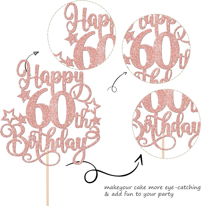 1 PCS Happy 60th Birthday Cake Topper Glitter Cheers to 60 Years Birthday Cake Pick Hello 60 Fabulous Cake Decoration for Happy 60th Birthday Anniversary Party Decorations Supplies Rose Gold